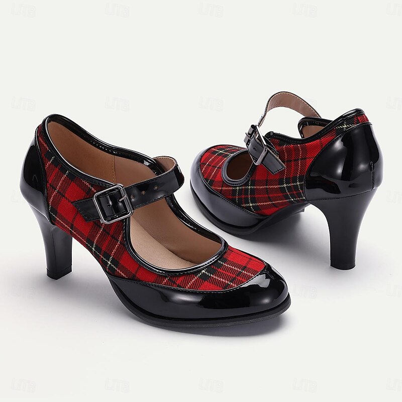 Women's Red Plaid Mary Jane Heels - Stylish Retro Shoes with Buckle Strap for Casual and Party Wear