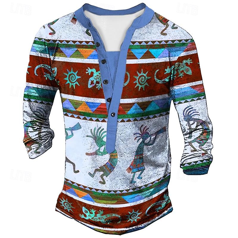 Men's Tribal Graphic Prints Henley Shirt Graphic Tee Vintage Shirt Long Sleeve 3D Printing Basic Ethnic Casual Outdoor Vacation Daily Spring & Summer Blue Khaki Gray Henley Henley T-Shirt4
