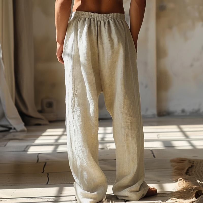 Men's Animal Grid / Plaid Geometric Pattern Linen Pants Baggy Pants Mid Waist Vintage Ethnic Style Casual Outdoor Streetwear Elastic Waist Spring &  Fall Fall & Winter Blue Green Khaki3