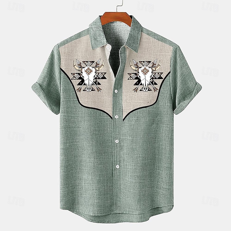 Men's Shirt Linen Shirt Retro Shirts Vintage Shirt Ethnic Shirt Western Outdoor Work Blue Green Gray Short Sleeve Turndown Summer Spring Clothing Apparel4