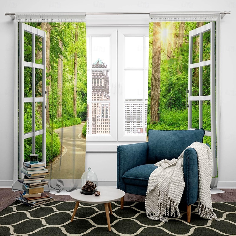 2 Panels Window View Forest Curtain Drapes Blackout Curtain For Living Room Bedroom Kitchen Window Treatments Thermal Insulated Room Darkening