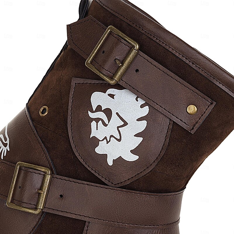 Men's Brown Suede Biker Ankle Boots with Buckle Straps and Lion Emblem – Retro Steampunk Cosplay Boots for Halloween, Parties, and Daily Wear3