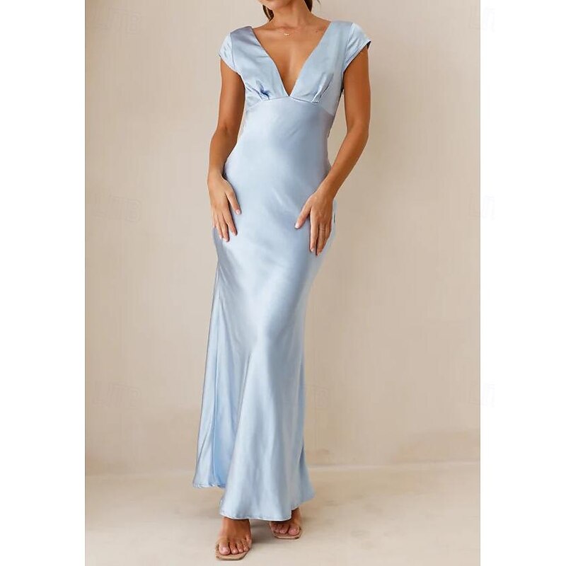 Sky Blue Mermaid Wedding Guest Dresses Elegant Dress Formal Black Tie Floor Length Short Sleeve V Neck Charmeuse Crisscross Back with Ruched2