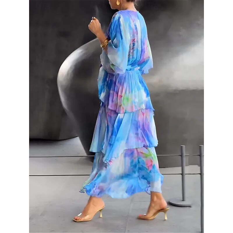 Women's Long Dress Maxi Dress A Line Dress Elegant Formal Date Regular Fit Floral Half Sleeve V Neck Blue Summer3