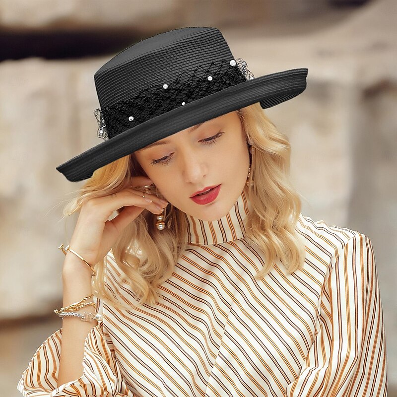 Hats Fiber Bowler / Cloche Hat Bucket Hat Floppy Hat Wedding Beach Elegant Wedding With Faux Pearl Tulle Headpiece Headwear2