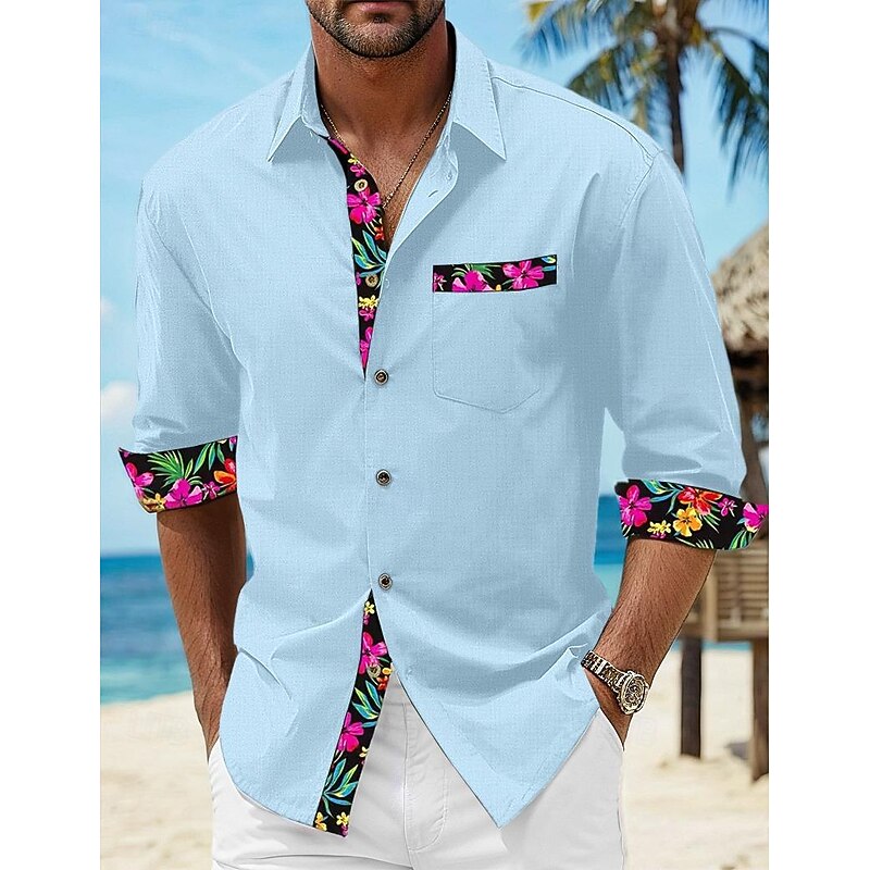 Men's Shirt Linen Shirt Summer Shirt Beach Wear Button Up Shirt Floral Vacation Curise Black White Pink Blue Long Sleeve Lapel Spring &  Fall Clothing Apparel Splice2
