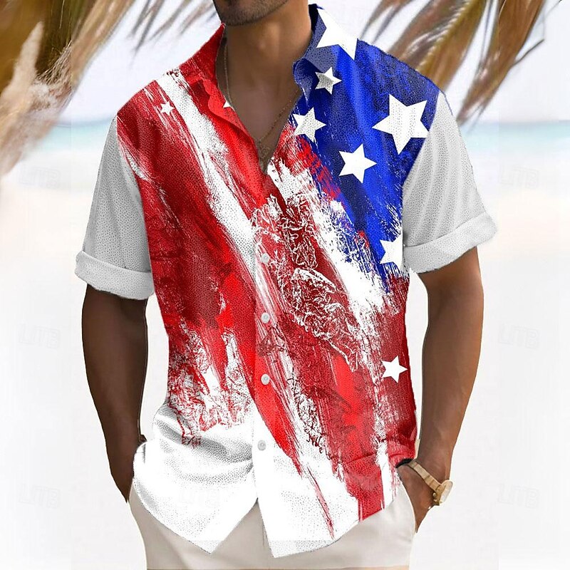 American Independence Day Men's American Flag National Flag Button Up Shirt Short Sleeve Hawaiian Casual Resort Outdoor Casual Holiday Summer Spring Turndown Print White Red4