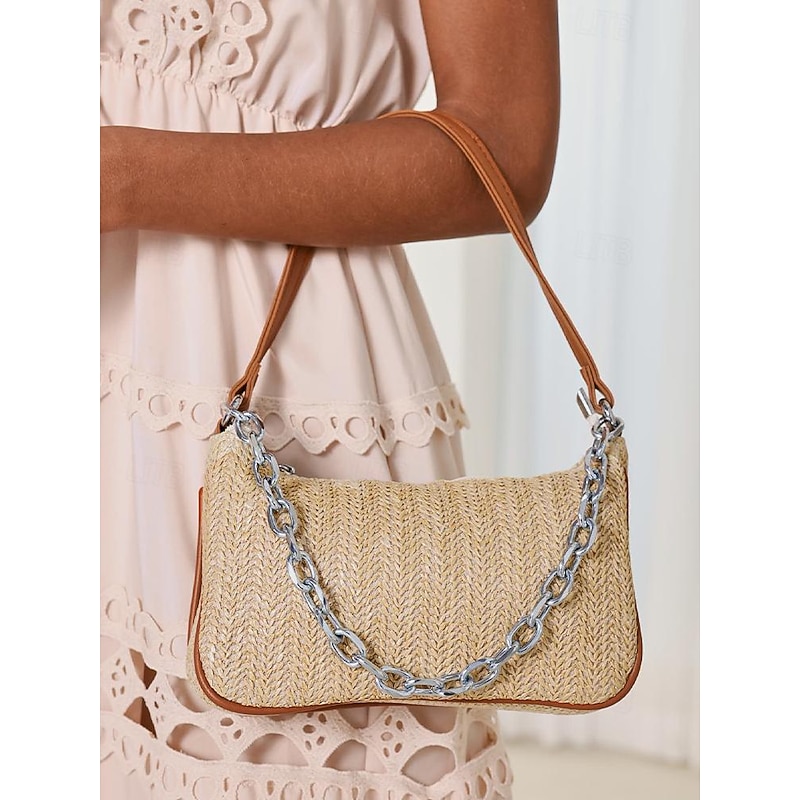 Chic Straw Woven Shoulder Bag with Leather Trim and Silver Chain - Elegant Accessory for Women