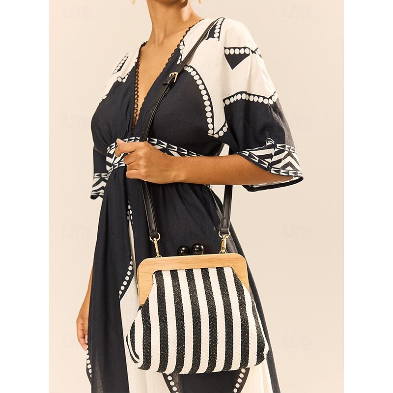 Women's Striped Canvas Crossbody Bag – Retro Wooden Frame Small Shoulder Purse with Adjustable Strap – Black and Beige, Ideal for Casual Outings and Travel4