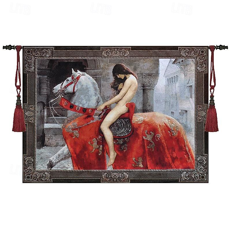 Jacquard Woven Tapestry Gobelin Aubusson Wall Art Hanging Large Tapestry Reproduction Loom Cotton Weave Lady Godiva Belgian Tapestry (without tassels and rod)2
