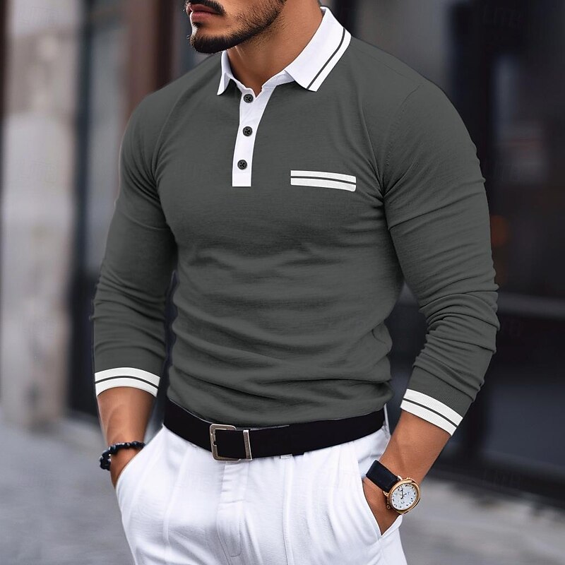 Men's Polo Shirt Golf Shirt Casual Holiday Lapel Long Sleeve Fashion Basic Color Block Patchwork Summer Regular Fit Dark Grey Burgundy Navy Blue Light Grey Polo Shirt4
