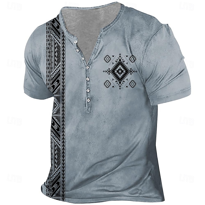 Men's Aztec T Shirt Short Sleeve 3D Print Vintage Daily Summer Spring Fall White Blue Brown Henley Collar Henley T-Shirt3