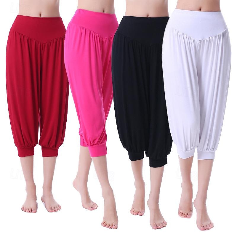 Women's Capri Pants Flares Elastic Waistband High Waist Pilates Gym Workout Workout Capri Pants Solid Color Black White Burgundy Cotton Sports Activewear Stretchy Loose Fit