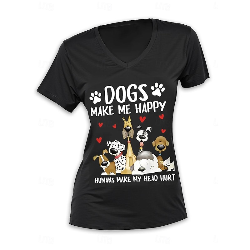 Women's T Shirt Dog Letter Cute Casual Short Sleeve V Neck Regular Tops Daily Print Black Summer