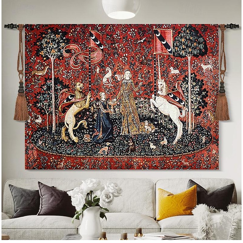 Jacquard Woven Medieval Tapestry Gobelin Aubusson The Lady and The Unicorn Loom Cotton Weave Wall Art Hanging Larger Tapestry Historic Middle Ages Tapestry Reproduction (without tassels and rod)