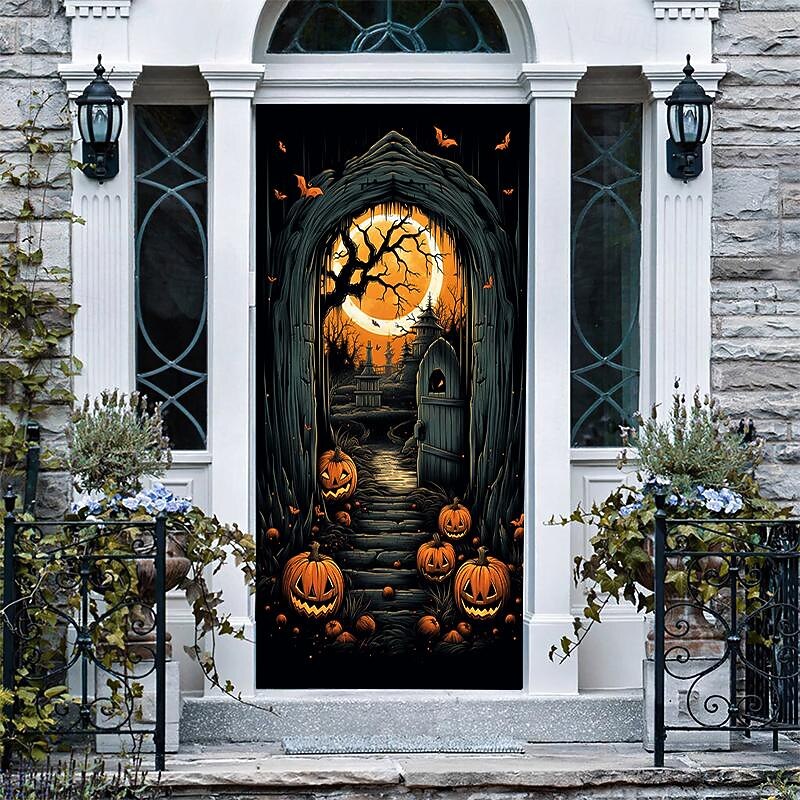 Halloween Door Decorations Halloween Door Covers Door Tapestry Pumpkins Forest Door Curtain Decoration Backdrop Door Banner for Front Door Farmhouse Holiday Party Decor Supplies 19
