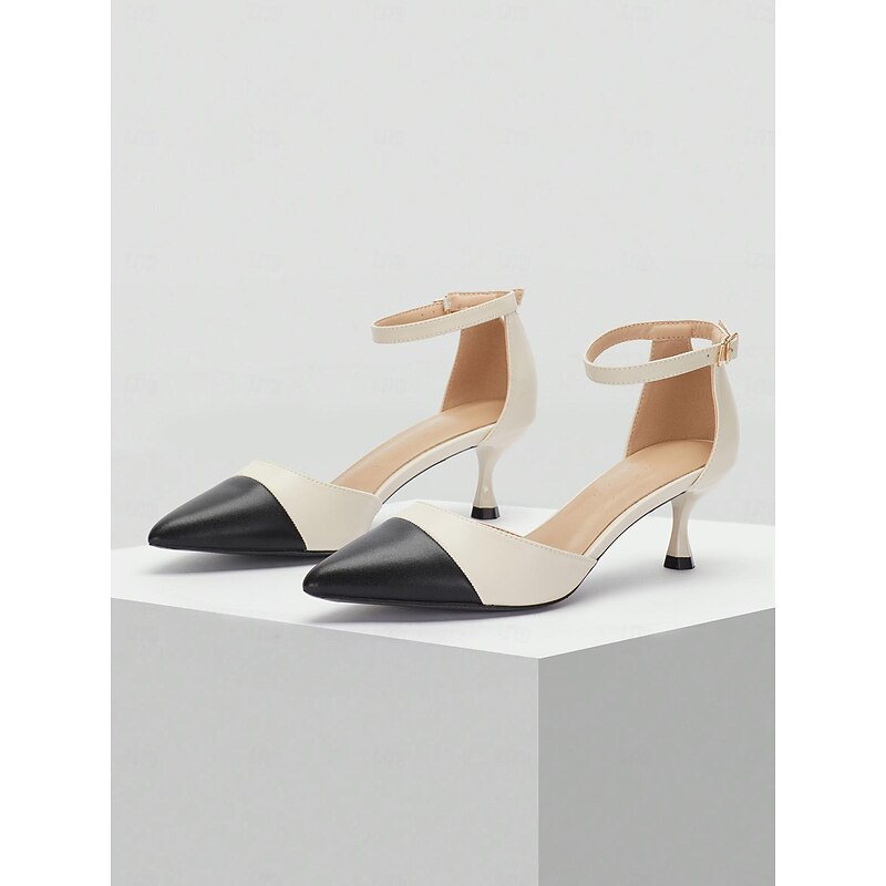 Stylish Women's Two-Tone Pointed Toe Kitten Heel Ankle Strap Pumps - Perfect for Office and Formal Occasions