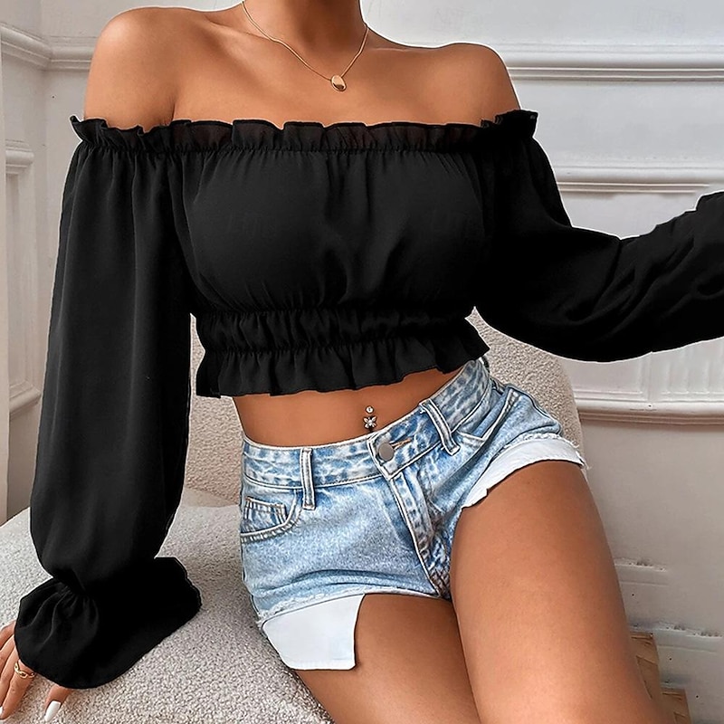 Shirt Blouse Women's Black Plain Crop Top Street Daily Fashion Off Shoulder Regular Fit S3