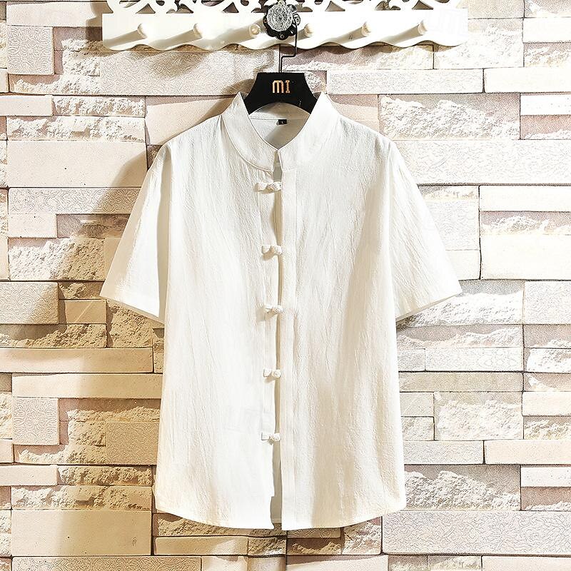 Men's Shirt Chinese Collar Shirt Mandarin Collar Shirt Summer Shirt Casual Shirt Beach Shirt Black White Blue khaki Short Sleeve Plain Mandarin Collar Vacation Holiday Clothing Apparel Polyester - Main Image