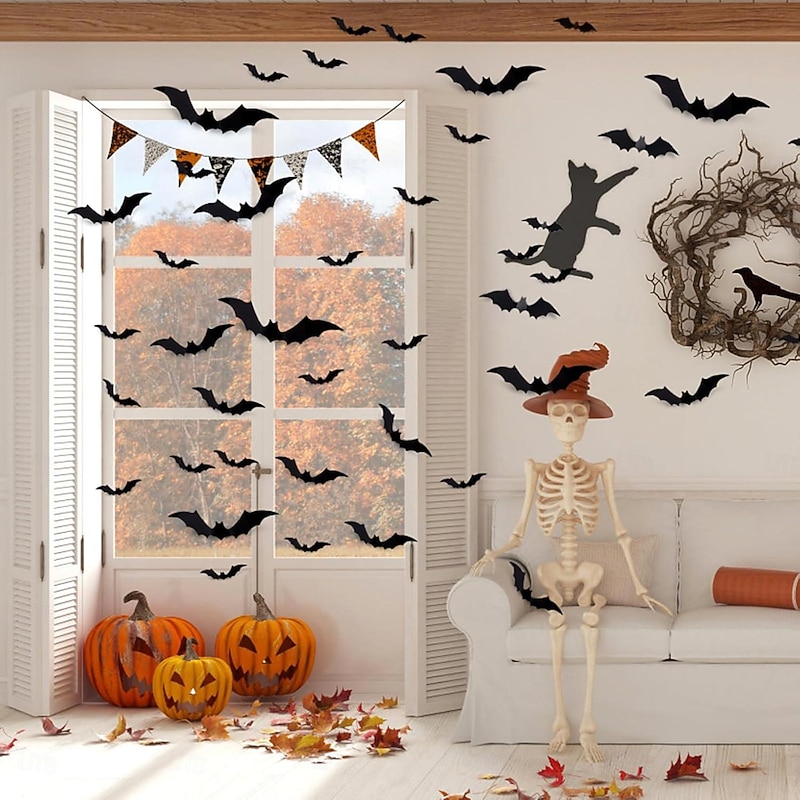 Halloween Bats Decoration-Halloween Bat Wall Decor-Halloween Party Indoor Outdoor Decorations Scary,81 Pcs Reusable PVC 3D Decorative Scary Bat Wall Stickers,Double-Sided Adhesive Included4
