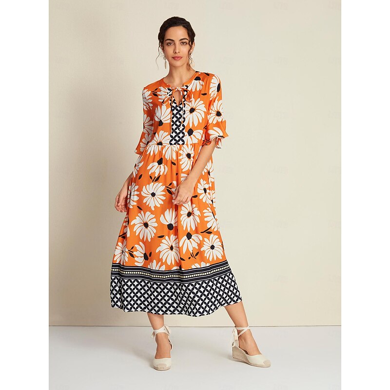 Satin Geometric Mid Waist 3/4 Length Sleeve Standing Collar V Neck Maxi Dress