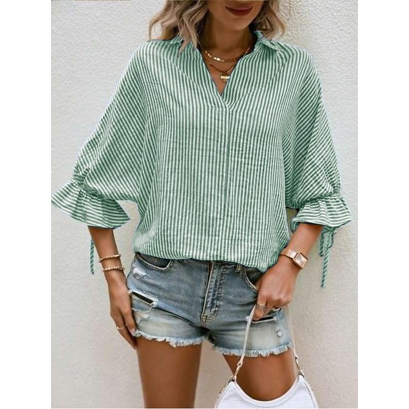 Women's Shirt Striped Elegant Modern 3/4 Length Sleeve Ruffle Sleeve Shirt Collar Work Asymmetric Blue Green Summer Spring Fall 6