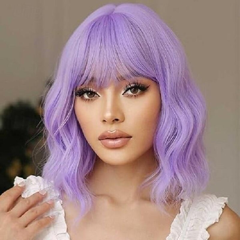 Wig with Bangs Soft Short Wavy Bob Wigs for Women Synthetic Shoulder Length Women's Curly Wigs for Carnival Costumes Cosplay Daily