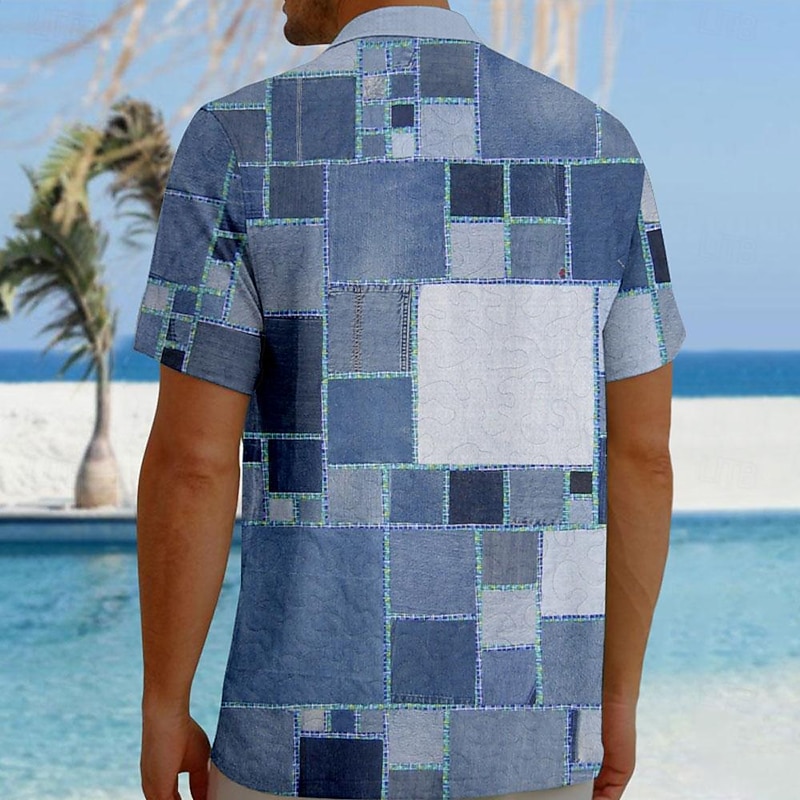 Men's Geometric Color Block Geometric Pattern Button Up Shirt Printed Shirts Short Sleeve Hawaiian Resort Outdoor Business / Ceremony / Wedding Summer Turndown Print Button-Down Blue Khaki Gray2