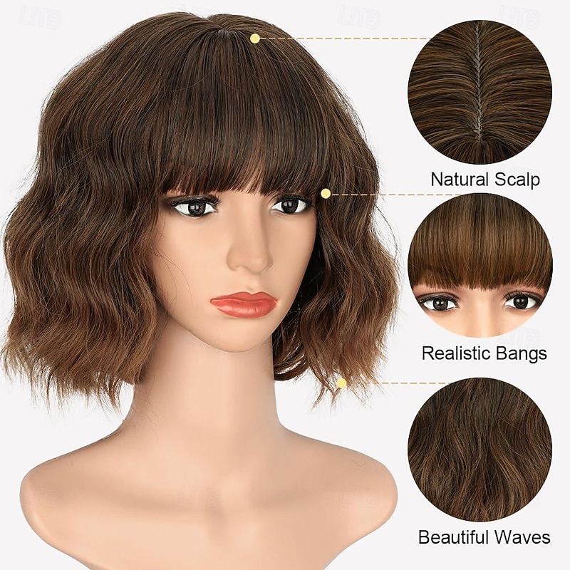 Brown to Auburn Wigs With Bangs Short Wavy Bob Wig for Women Synthetic Short Curly Wave Wigs Heat Resistant Fiber Hair Wigs for Daily4
