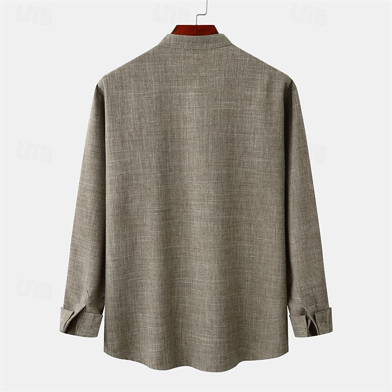 Men's Shirt Linen Shirt Chinese Collar Shirt Mandarin Collar Shirt Casual Shirt Button Up Shirt Plain Vacation Hawaiian Red Dark Green Khaki Long Sleeve Grandad Collar Spring &  Fall Clothing Apparel2