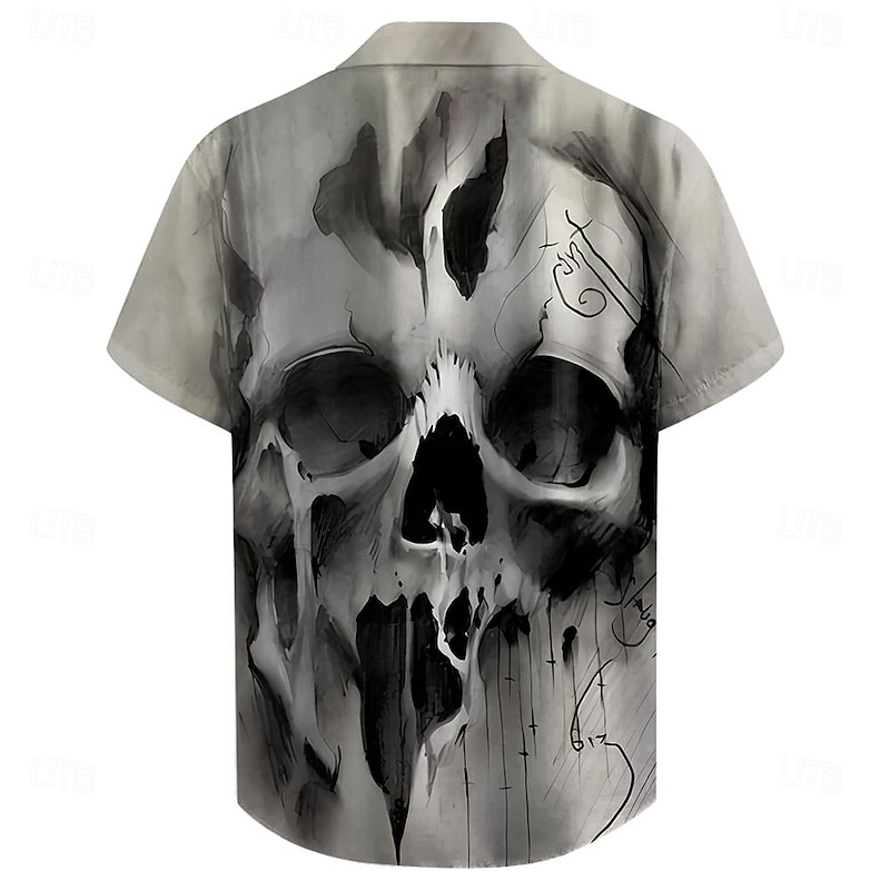 Men's Skull Halloween Costumes Shirt Short Sleeve Casual Dark Party Daily Holiday Summer Turndown Buttons Print Gray2
