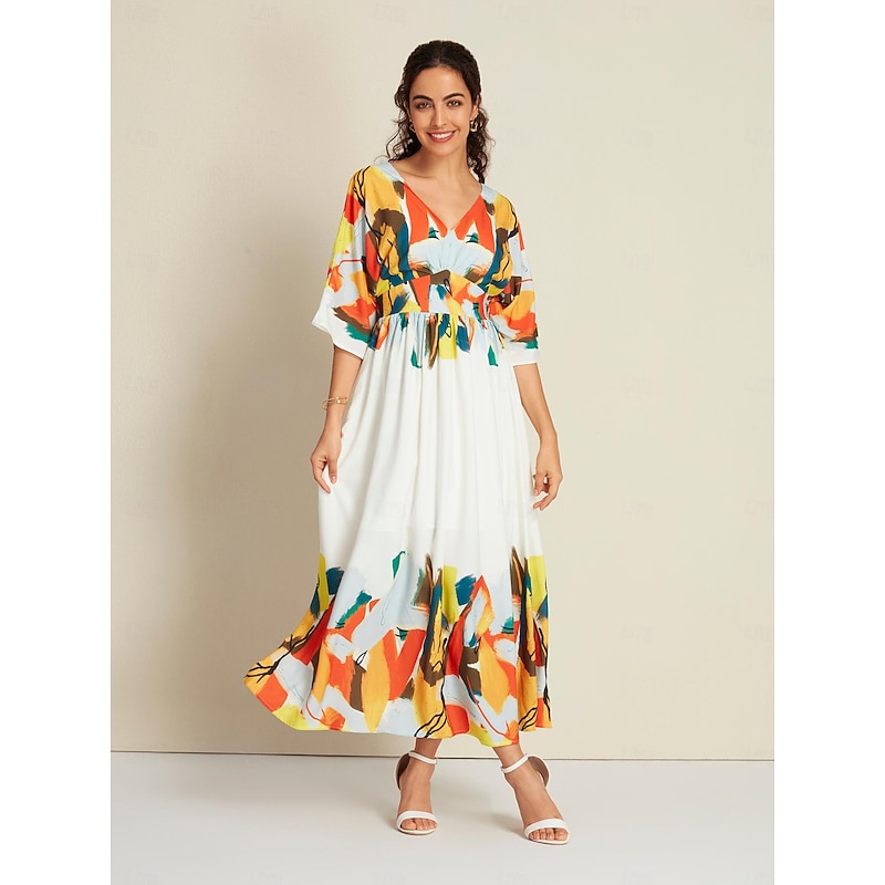 Satin Graphic Tie Back V Neck Half Sleeve Hem Maxi Dress