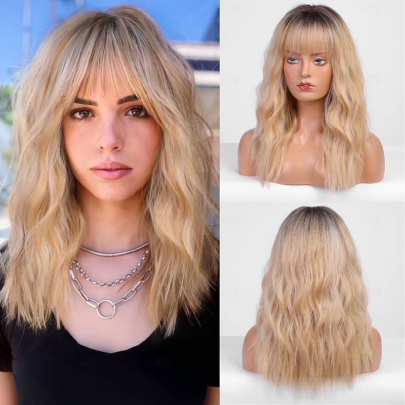 Blonde Curly Wigs With Bangs,Ombre Blonde Curly Wigs for Women Heat Resistant Synthetic Wigs Fashion Women Classic Blonde Halloween Wigs2