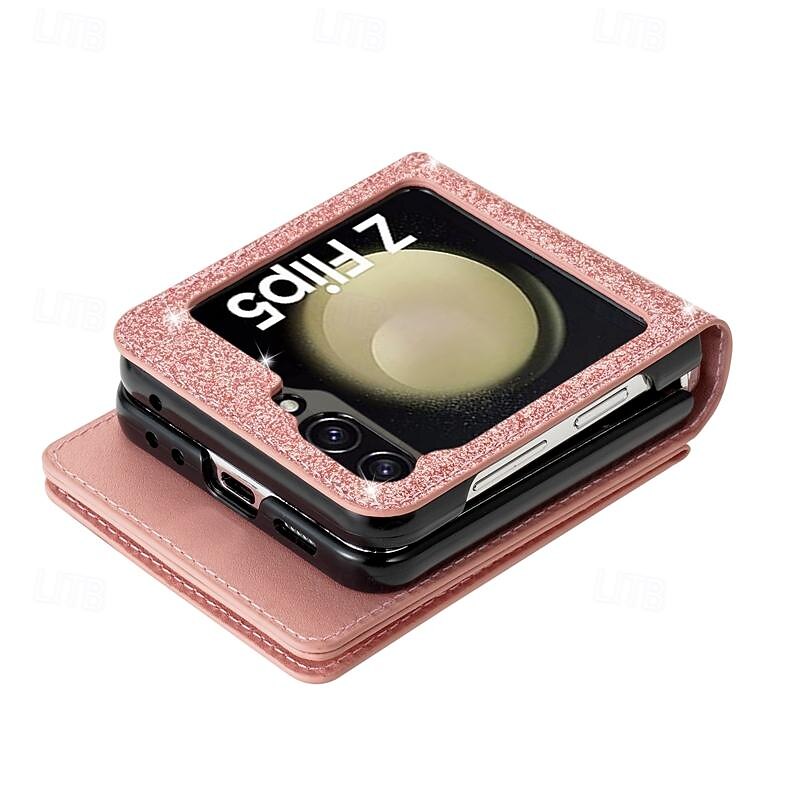 Phone Case For Samsung Galaxy Z Flip 7 Z Flip 6 Z Flip 5 Z Flip 4 Z Flip 3 Flip Cover Zipper with Lanyard Bling Glitter Shiny Retro PC PU Leather4