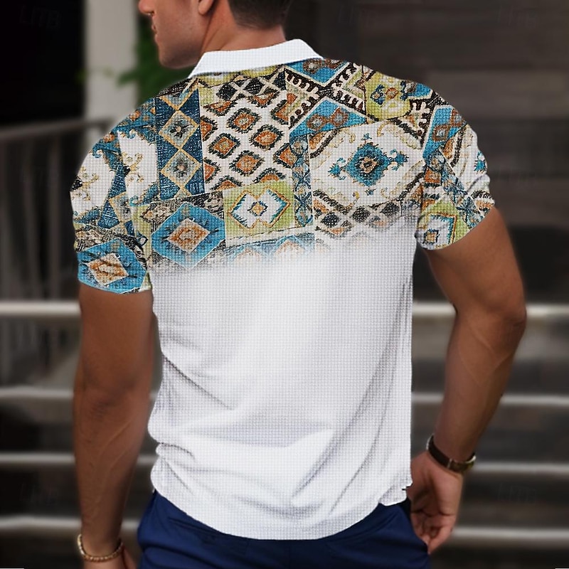 Men's Tribal Waffle Polo Shirts Golf Shirt Short Sleeve Polo Shirts Collared Shirts Vacation Wear Party Outfits Buttons 3D Print Spring & Summer White2