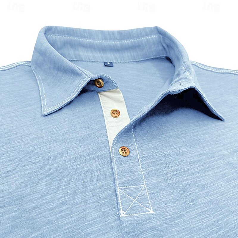 Men's Polo Shirt Golf Shirt Work Casual Lapel Ribbed Polo Collar Short Sleeve Basic Modern Solid Color Patchwork Button Spring & Summer Regular Fit Light Pink Light Blue Black Navy Blue Blue Light4