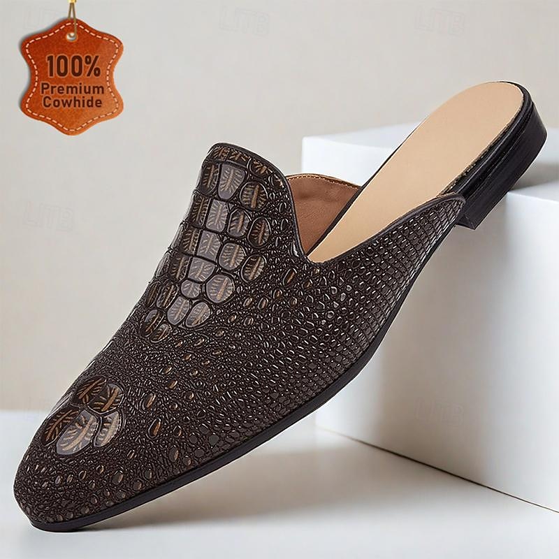 Men's Leather Slip-On Mules - Crocodile Patterned Casual Loafers for Formal and Casual Occasions