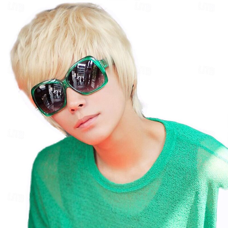 Cool Mens Short Straight Platinum Blonde Wigs Male Boys Party Cosplay Full Wig Halloween Wigs
