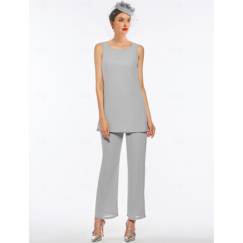 Beach Wedding Pantsuit 3 Piece Mother of the Bride  Wedding Guest Elegant Scoop Neck Floor Length Chiffon Lace Sleeveless Wrap Included with Sequin3