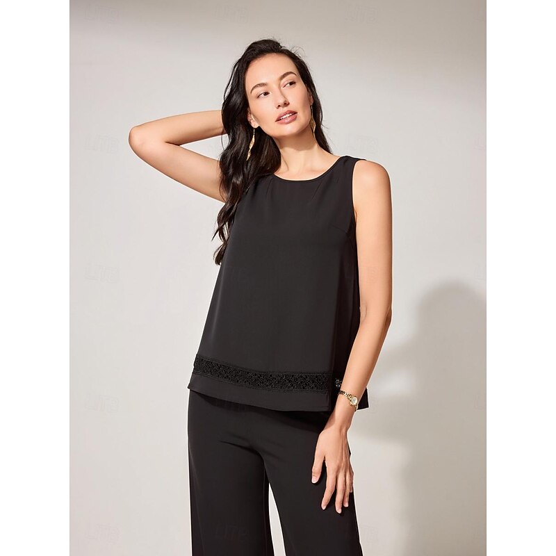 Women's Blouse Solid Color Stylish Modern Sleeveless Crew Neck Work Lace Eyelet Black Summer Spring Fall4
