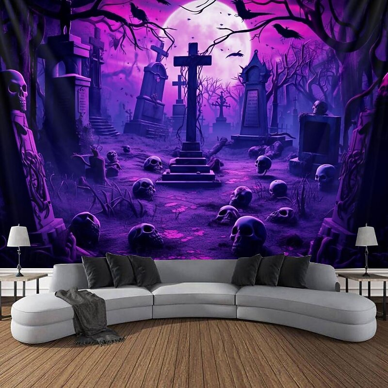 Halloween Skulls Blacklight Tapestry UV Reactive Glow in the Dark Misty Graveyard Hanging Tapestry Wall Art Mural for Living Room Bedroom
