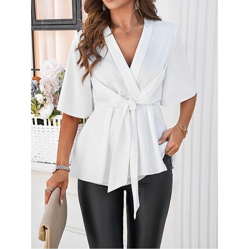 Women's Shirt Dressy Tops Solid Color Plain Elegant Stylish Half Sleeve V Neck Work Daily Tie Front Ruched Black White Royal Blue Rose Pink Summer Spring Fall - Main Image