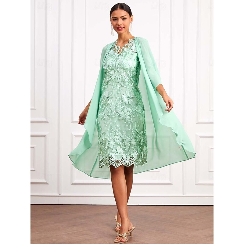 Women's Wedding Guest Cocktail Dress Set Chiffon Lace V Neck 3/4 Length Sleeve Mini Dress Party Elegant Formal Light Green Summer Spring 16