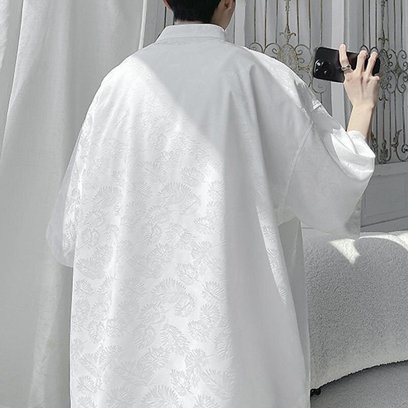 Men's Shirt Chinese Collar Shirt Mandarin Collar Shirt Summer Shirt Casual Shirt Beach Shirt Black White Short Sleeve Plain Mandarin Collar Vacation Holiday Embroidered Clothing Apparel Polyester 11