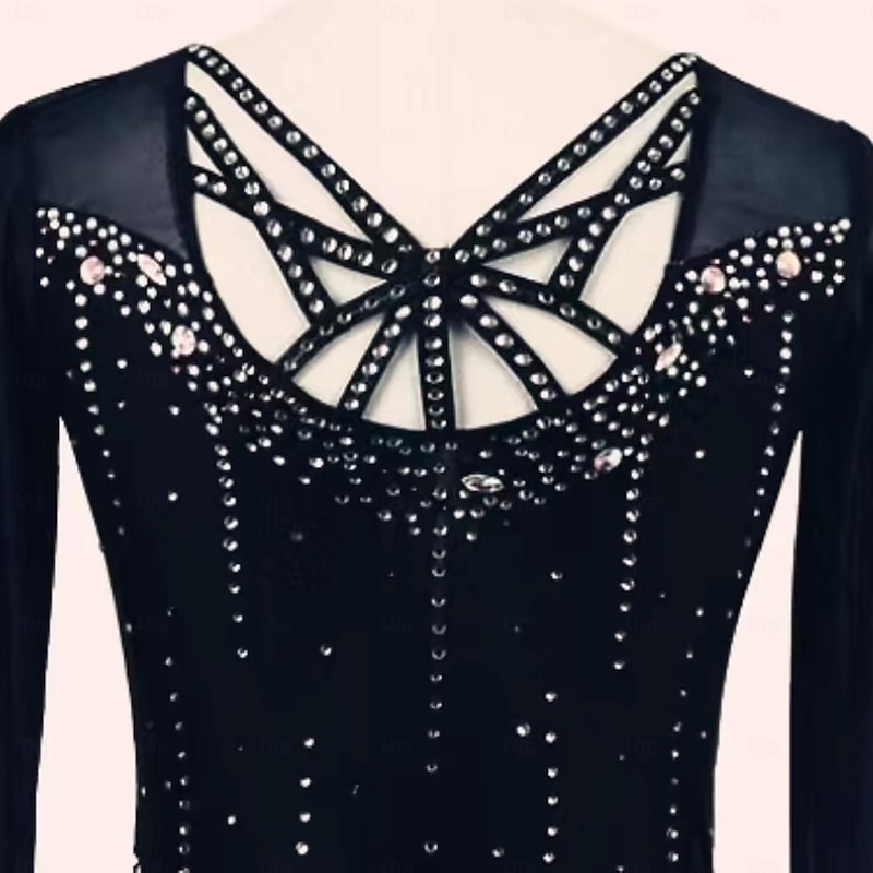 Figure Skating Dress Women's Girls' Ice Skating Dress Black Red Thumbhole Halo Dyeing Mesh Spandex Stretchy Training Practice Professional Skating Wear Thermal Warm Classic Crystal / Rhinestone Long3