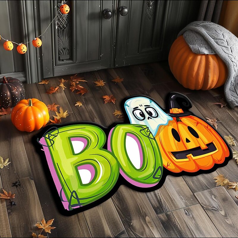 Halloween Decorations Pumpkin Boo Irregular Doormat Kitchen Mat Floor Mat Non-Slip Area Rug Oil Proof Rug Indoor Outdoor Mat Bedroom Decor Bathroom Mat Entrance Rug