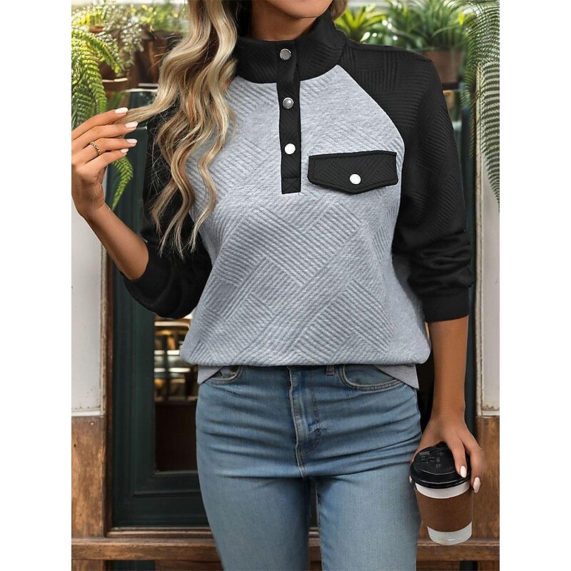 Women's Texture Sweatshirt Color Block Casual Long Sleeve Crew Neck Regular Tops Dailywear Black Fall & Winter4
