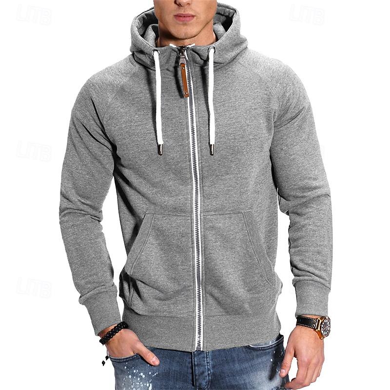 Men's Full Zip Hoodie Zip Up Hoodie Black Navy Blue Light Grey Dark Gray Hooded Plain Zip Up Front Pocket Sports & Outdoor Daily Holiday Polyester Streetwear Basic Casual Spring &  Fall Clothing3