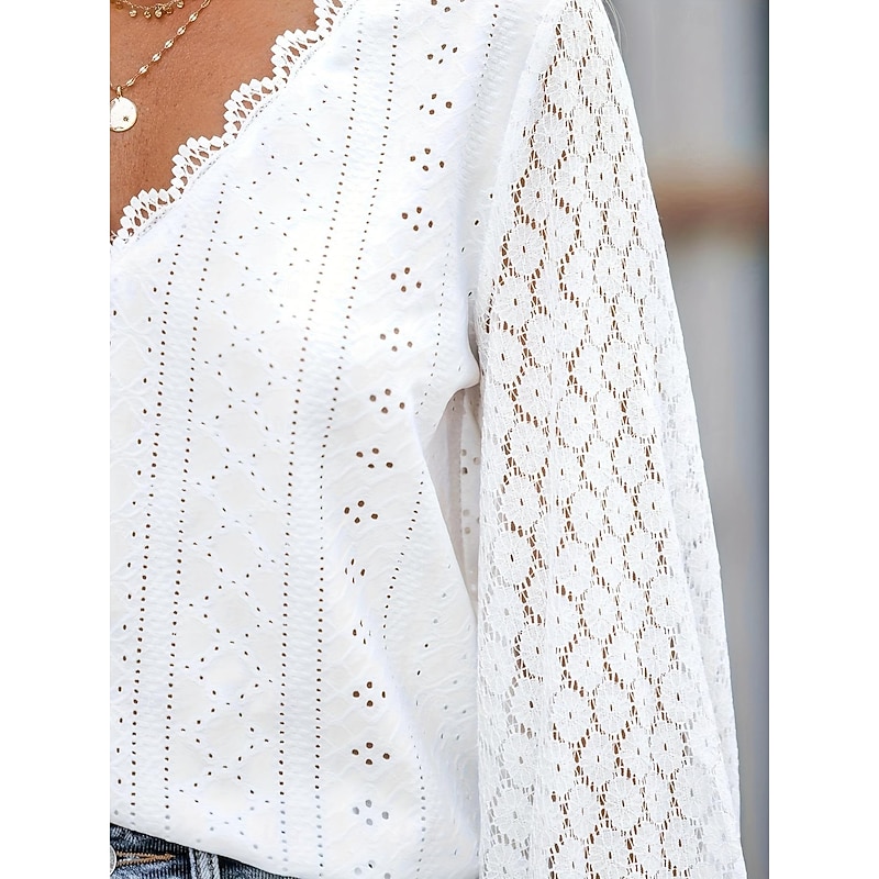 Women's White Elegant Lace Tops Eyelet Blouse Dressy Tops Plain Lace Cut Out Street Daily Fashion V Neck Regular Fit Romantic Petite Tops Summer Holiday Wear Black White3