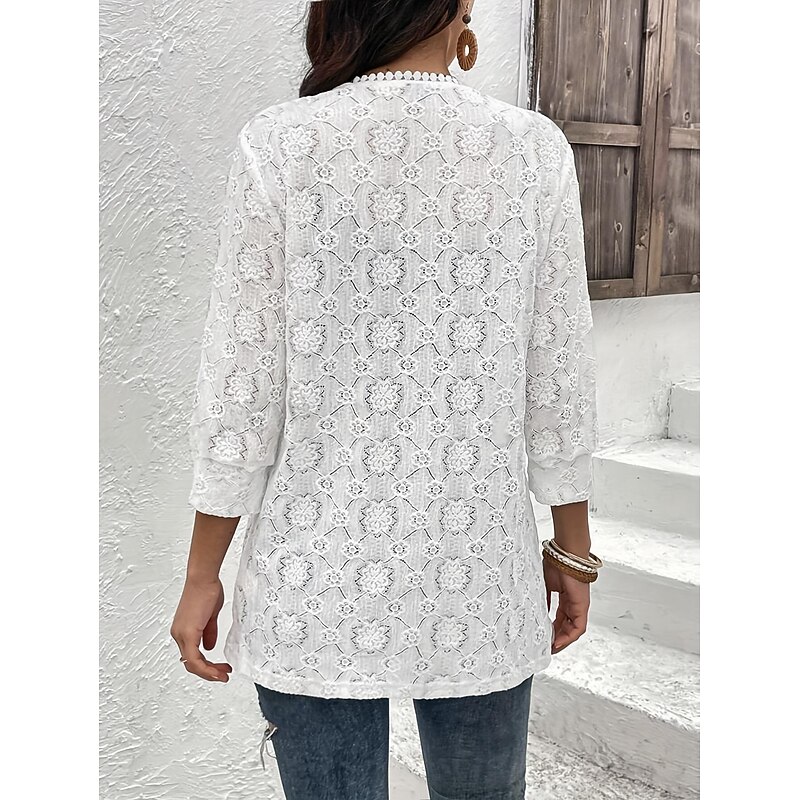 Women's Dressy Dusters Dressy Jackets Coat Outdoor Street Daily Spring Fall Regular Coat V Neck Regular Fit Windproof Breathable Stylish Contemporary Casual Jacket Long Sleeve Plain Lace Trims White2